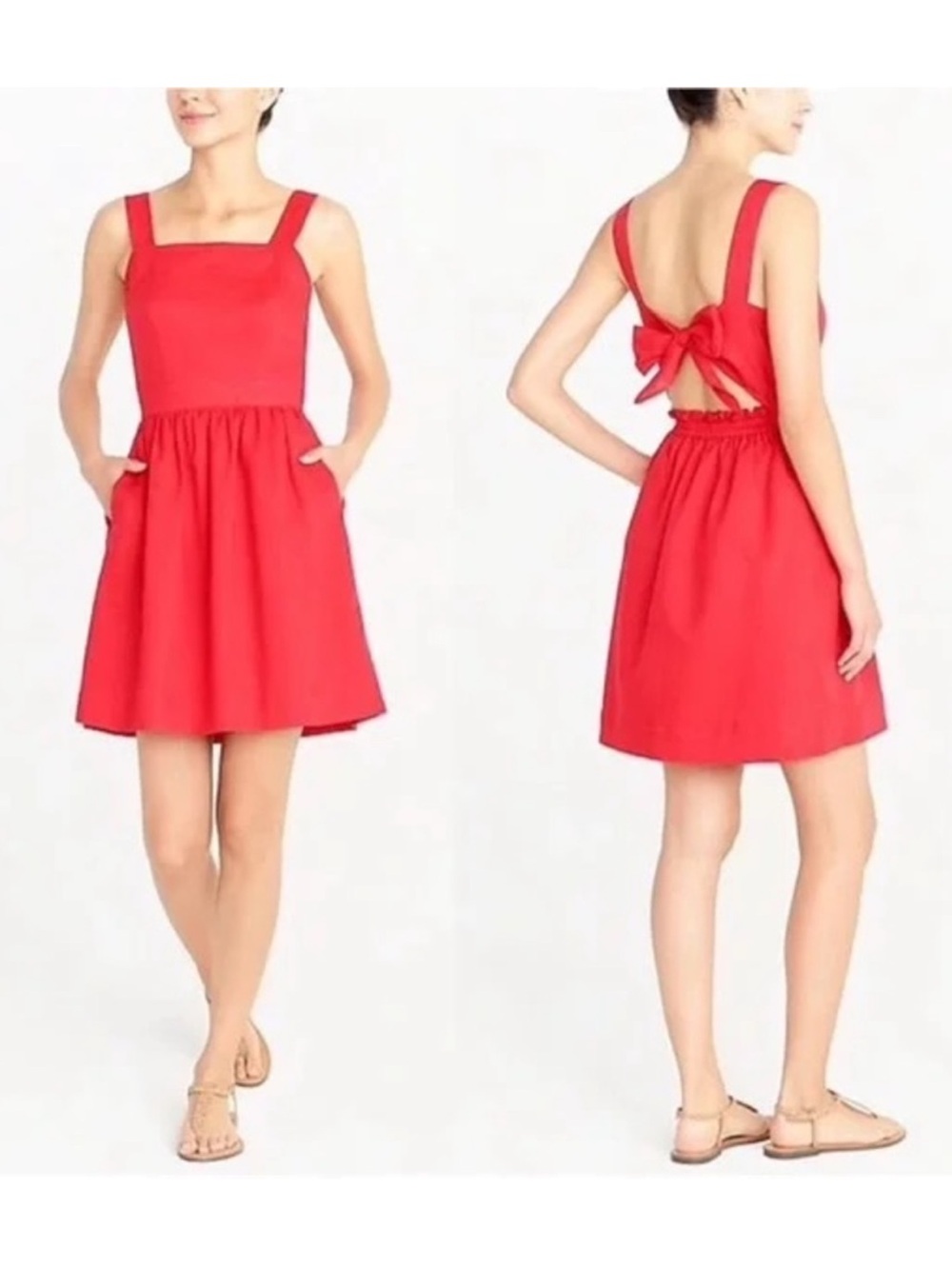 J. Crew Red Linen Cotton Apron Mini Dress Tie Back Square Neck Preppy Coastal